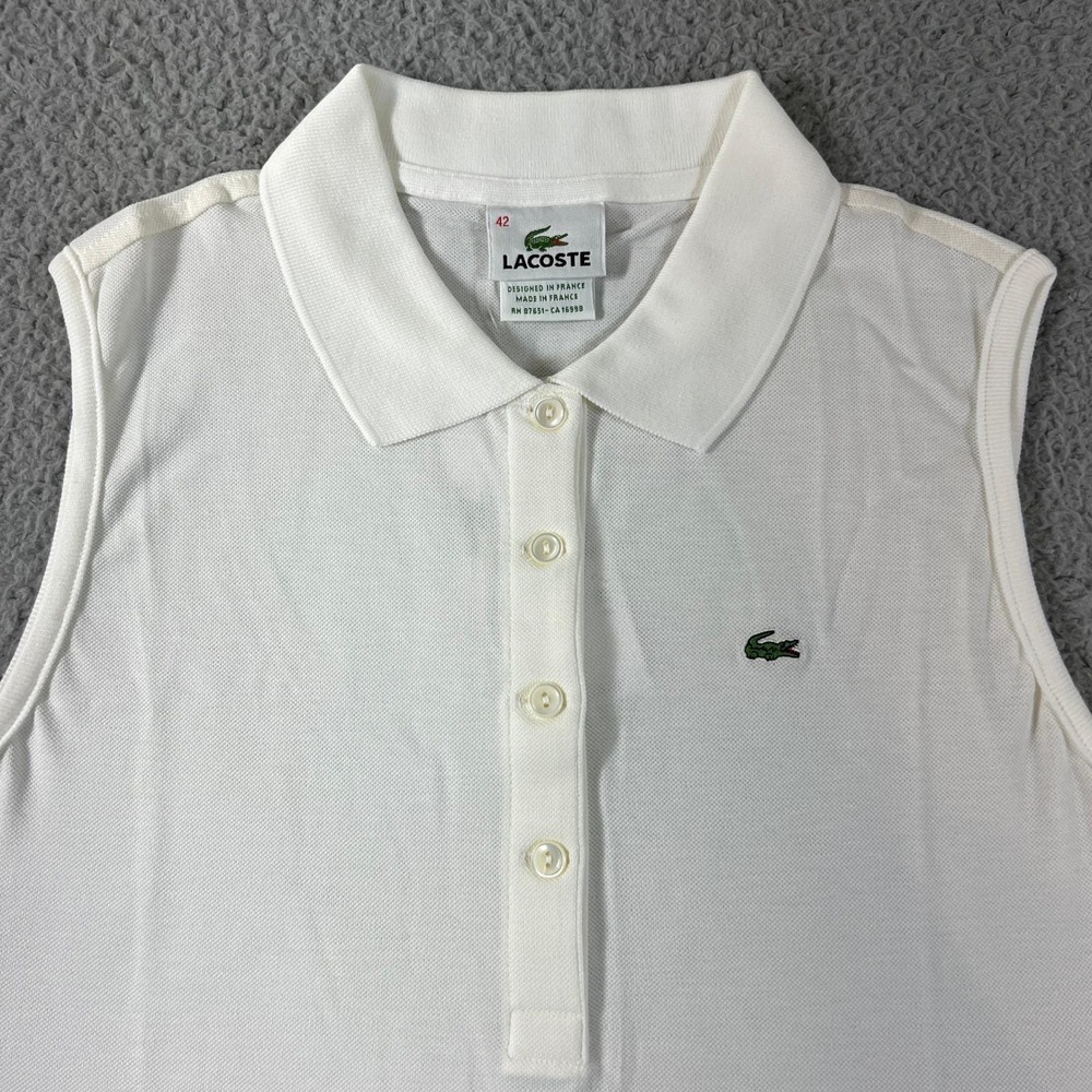 Lacoste Sleeveless Polo Shirt Women US Size L (EU/10) White Micro Pique Stretch - Picture 4 of 11